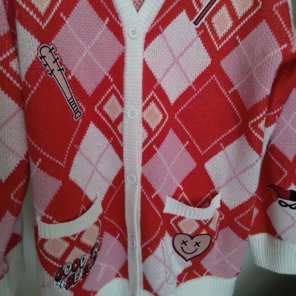 BoxLunch Exclusive DC Comics Harley Quinn White, Pink, and Red Diamond Cardigan - Picture 2 of 5